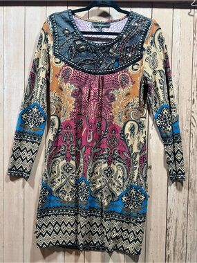 CALE Embellished Boho Mini Dress in Pink, Blue, Tan, Black